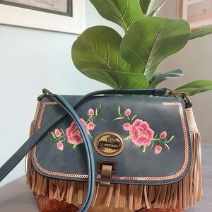 Lili Petrol Blue and Brown Rose Floral Embroidered Women's Bag
